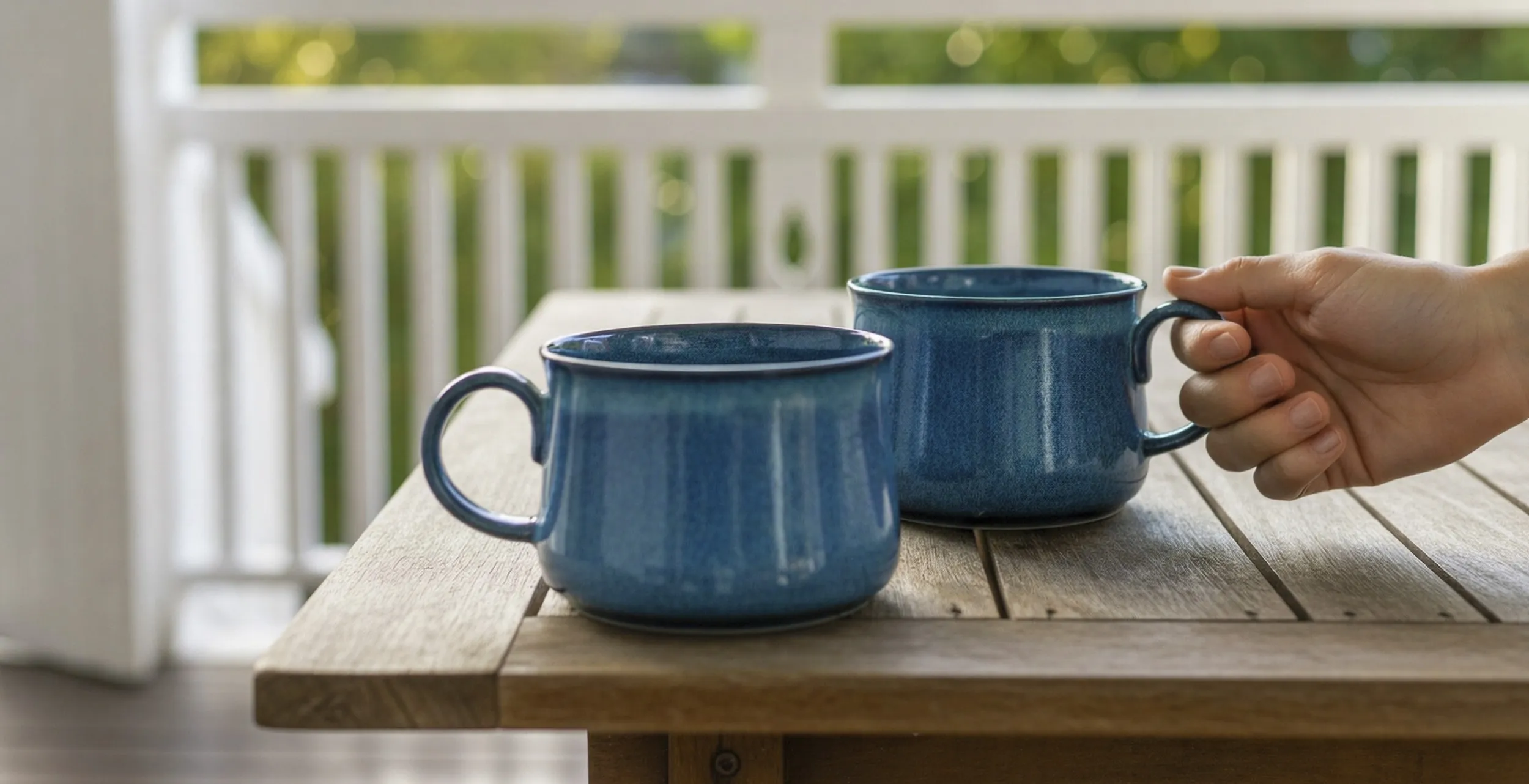 Two hand-thrown blue ceramic cups on a timber table, soft morning light